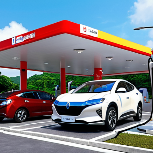 Home 15 **Image Prompt:** A modern Malaysian petrol station transformed into a futuristic EV charging hub. Show several sleek electric cars charging at DC fast charging stations. In the background, display a highway rest stop with wireless charging pads integrated into the parking spaces. The overall tone should be clean, modern, and environmentally conscious. Include signage in Bahasa Melayu.