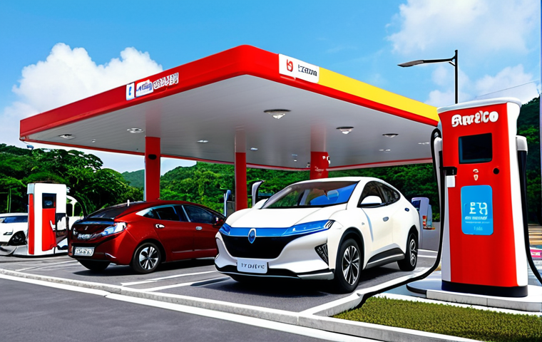 **Image Prompt:** A modern Malaysian petrol station transformed into a futuristic EV charging hub. Show several sleek electric cars charging at DC fast charging stations. In the background, display a highway rest stop with wireless charging pads integrated into the parking spaces. The overall tone should be clean, modern, and environmentally conscious. Include signage in Bahasa Melayu.