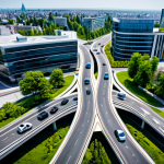 A serene, high-angle view of a futuristic city intersection at daytime, showcasing multiple sleek, driverless autonomous vehicles smoothly navigating the intersection. Smart traffic lights with adaptive signals glow, and the clean, well-maintained road is bustling with quiet efficiency. Modern, eco-friendly buildings featuring integrated greenery line the streets. The atmosphere is calm and productive, indicating seamless 5G connectivity. Professional photography, wide-angle shot, sharp focus, vibrant colors, clear lighting, perfect anatomy, natural proportions, well-formed hands, fully clothed, appropriate attire, modest clothing, safe for work, appropriate content, family-friendly.