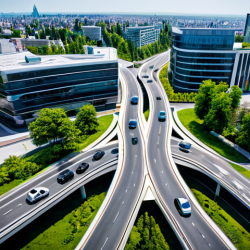 Home 7 A serene, high-angle view of a futuristic city intersection at daytime, showcasing multiple sleek, driverless autonomous vehicles smoothly navigating the intersection. Smart traffic lights with adaptive signals glow, and the clean, well-maintained road is bustling with quiet efficiency. Modern, eco-friendly buildings featuring integrated greenery line the streets. The atmosphere is calm and productive, indicating seamless 5G connectivity. Professional photography, wide-angle shot, sharp focus, vibrant colors, clear lighting, perfect anatomy, natural proportions, well-formed hands, fully clothed, appropriate attire, modest clothing, safe for work, appropriate content, family-friendly.