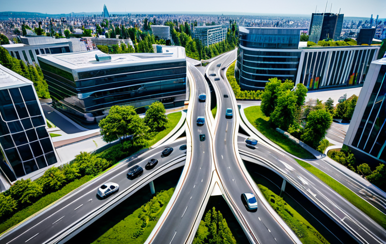 A serene, high-angle view of a futuristic city intersection at daytime, showcasing multiple sleek, driverless autonomous vehicles smoothly navigating the intersection. Smart traffic lights with adaptive signals glow, and the clean, well-maintained road is bustling with quiet efficiency. Modern, eco-friendly buildings featuring integrated greenery line the streets. The atmosphere is calm and productive, indicating seamless 5G connectivity. Professional photography, wide-angle shot, sharp focus, vibrant colors, clear lighting, perfect anatomy, natural proportions, well-formed hands, fully clothed, appropriate attire, modest clothing, safe for work, appropriate content, family-friendly.
