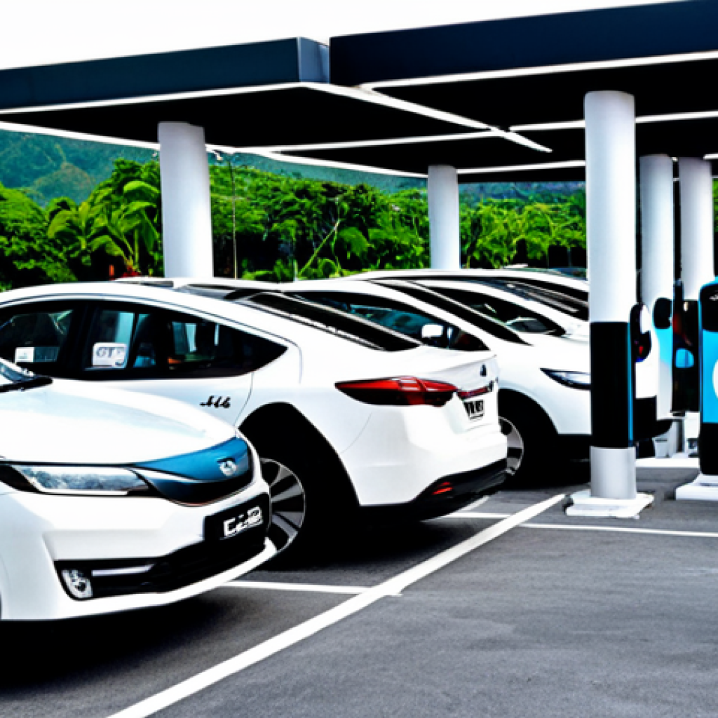 A professional scene at a modern electric vehicle (EV) charging hub in Malaysia, showcasing diverse individuals in modest, appropriate attire interacting with various charging stations. The hub features a mix of DC fast chargers and AC chargers, with visible charging cables connected to sleek electric and plug-in hybrid vehicles. The environment is well-lit, clean, and futuristic, located perhaps at a bustling highway R&R or a large shopping mall car park. People are casually waiting, some looking at their phones, others engaged in relaxed conversation, demonstrating the seamless and convenient current charging ecosystem in Malaysia.
    safe for work, appropriate content, fully clothed, professional, family-friendly, perfect anatomy, correct proportions, natural pose, well-formed hands, proper finger count, natural body proportions, professional photography, high resolution, realistic, bright lighting, vibrant colors, clear details.