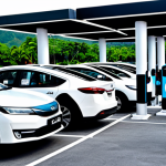 A professional scene at a modern electric vehicle (EV) charging hub in Malaysia, showcasing diverse individuals in modest, appropriate attire interacting with various charging stations. The hub features a mix of DC fast chargers and AC chargers, with visible charging cables connected to sleek electric and plug-in hybrid vehicles. The environment is well-lit, clean, and futuristic, located perhaps at a bustling highway R&R or a large shopping mall car park. People are casually waiting, some looking at their phones, others engaged in relaxed conversation, demonstrating the seamless and convenient current charging ecosystem in Malaysia.
    safe for work, appropriate content, fully clothed, professional, family-friendly, perfect anatomy, correct proportions, natural pose, well-formed hands, proper finger count, natural body proportions, professional photography, high resolution, realistic, bright lighting, vibrant colors, clear details.