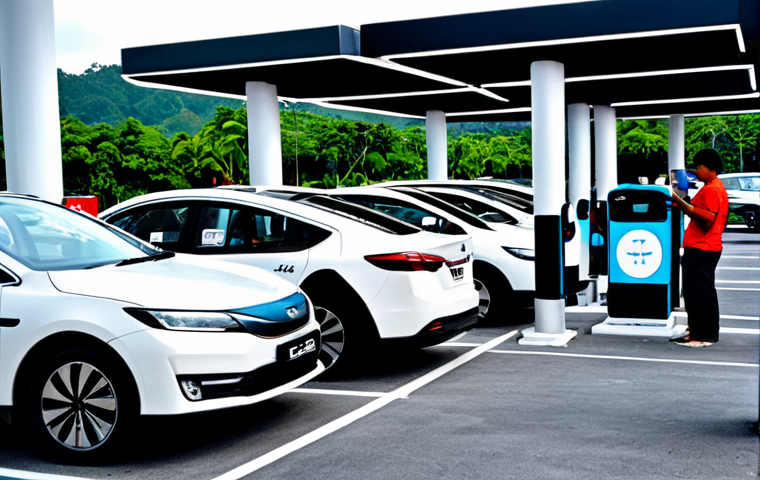 A professional scene at a modern electric vehicle (EV) charging hub in Malaysia, showcasing diverse individuals in modest, appropriate attire interacting with various charging stations. The hub features a mix of DC fast chargers and AC chargers, with visible charging cables connected to sleek electric and plug-in hybrid vehicles. The environment is well-lit, clean, and futuristic, located perhaps at a bustling highway R&R or a large shopping mall car park. People are casually waiting, some looking at their phones, others engaged in relaxed conversation, demonstrating the seamless and convenient current charging ecosystem in Malaysia.
    safe for work, appropriate content, fully clothed, professional, family-friendly, perfect anatomy, correct proportions, natural pose, well-formed hands, proper finger count, natural body proportions, professional photography, high resolution, realistic, bright lighting, vibrant colors, clear details.