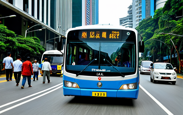 **

A modern "Rapid KL" bus, fully clothed passengers inside, driving on a Kuala Lumpur street with visible traffic. The scene should be well-lit, showcasing efficient public transport. safe for work, appropriate content, fully clothed, professional photography, perfect anatomy, natural proportions.

**