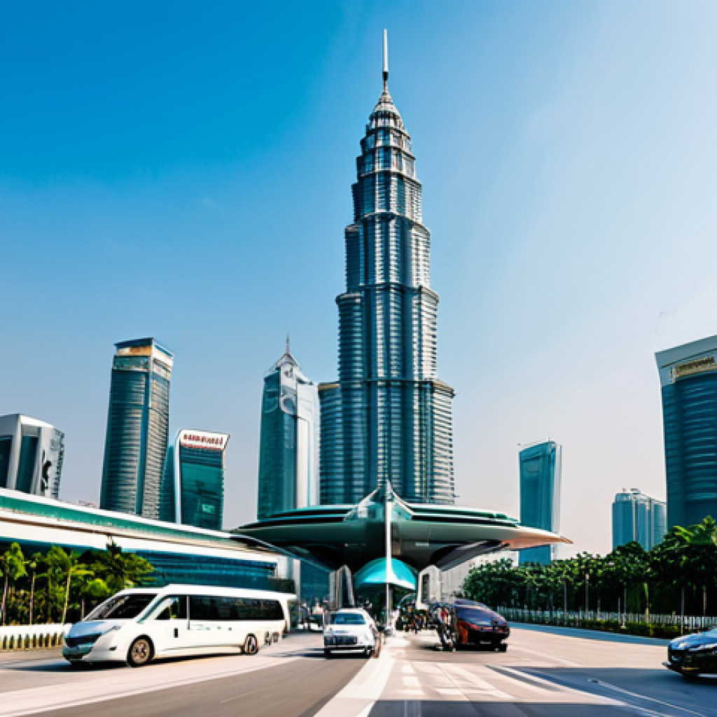 Vertiport in a Malaysian City**

"A modern vertiport in Kuala Lumpur, Malaysia, with a sleek electric flying taxi landing. The scene is busy with people commuting, all fully clothed in professional and modest attire. The background features the iconic Petronas Towers. Daytime scene, bright lighting, clear sky. Safe for work, appropriate content, professional, perfect anatomy, natural proportions, well-formed hands, proper finger count."

**